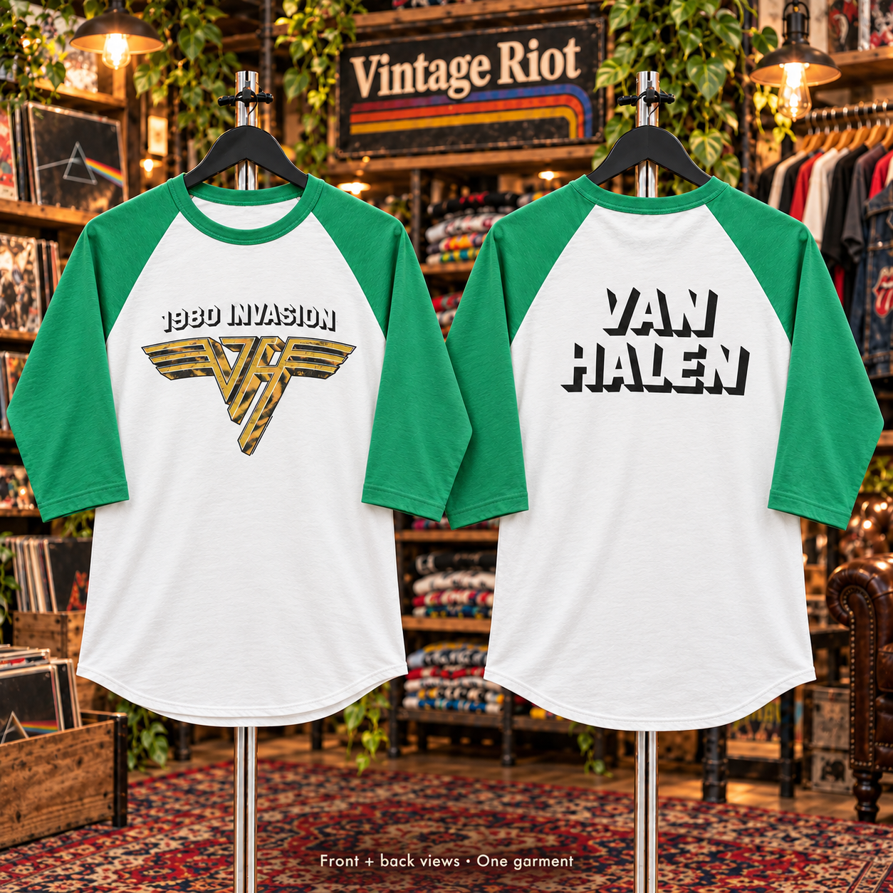 Van Halen 1980 Invasion Retro Raglan Shirt front and back views of one garment