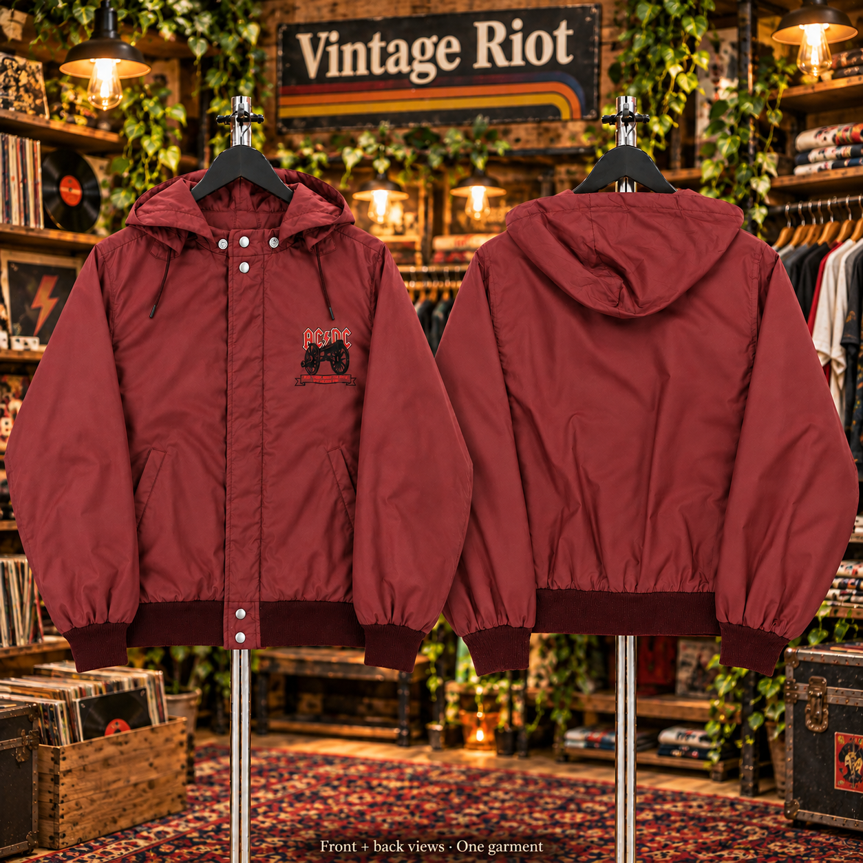 AC/DC For Those About to Rock Retro Hooded Jacket front and back views of one garment