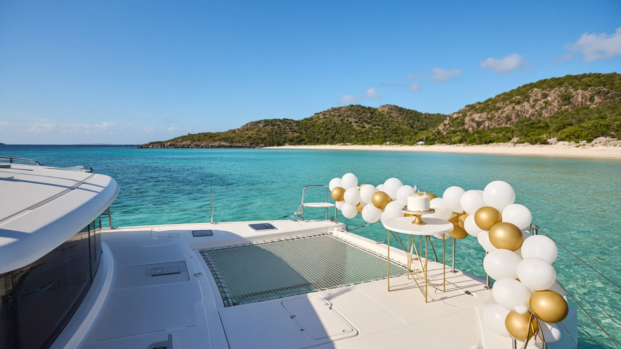 Decorated catamaran deck with balloons and a cake table anchored in a calm turquoise bay in St. Martin