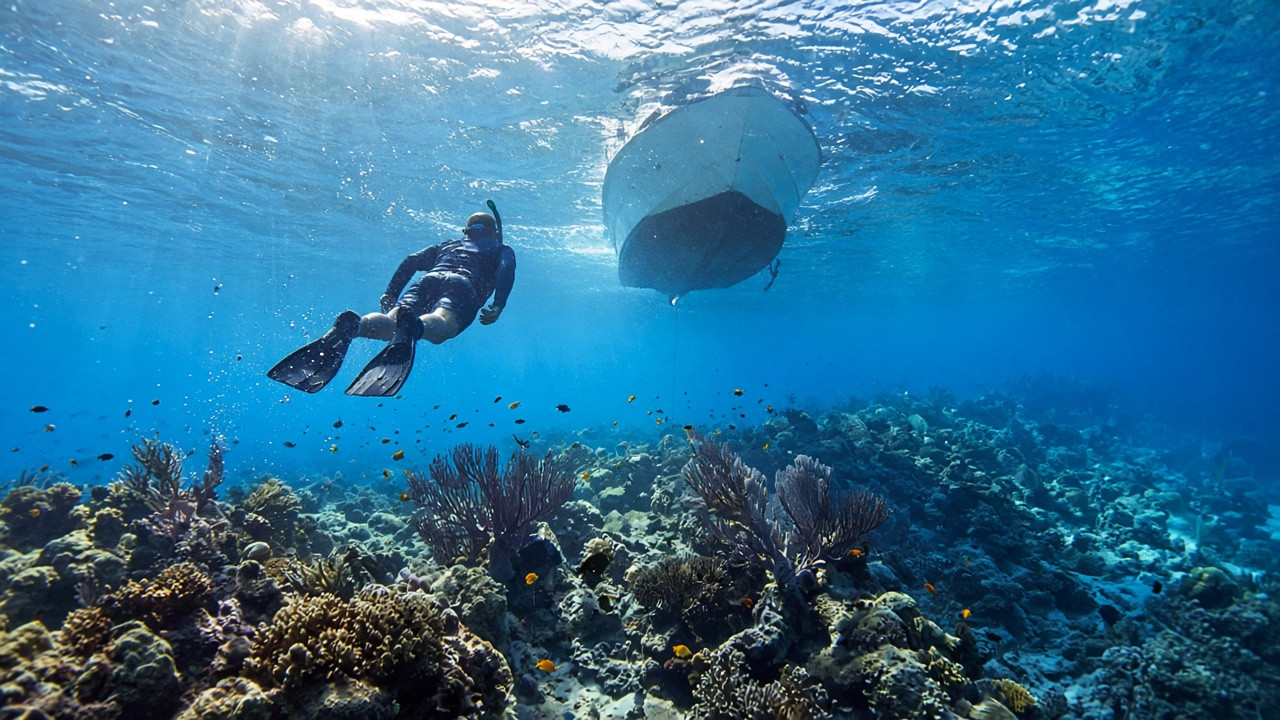 Snorkeler floating above coral and tropical fish in clear blue water with a boat hull visible at the surface in St. Martin