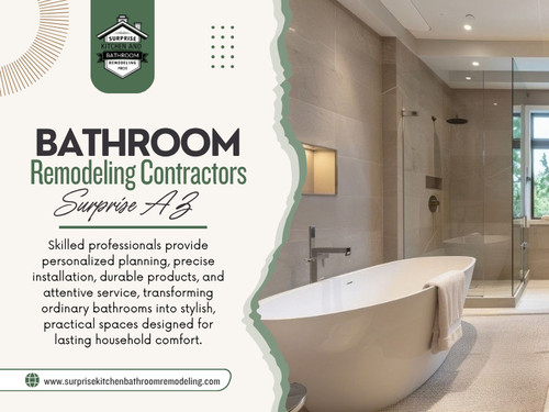 The existing plumbing locations matter. Drain positions, supply lines, wall access, and floor conditions can all influence what is possible. This is one area where experienced Bathroom remodeling contractors Surprise AZ can help identify potential complications before installation begins.

Click here for more information: https://www.surprisekitchenbathroomremodeling.com/bathroom-remodel

Find Us On Google Map: https://maps.app.goo.gl/yUwD1CZamFyzAZo18

Address: 14239 W Bell Rd, UNIT 218, Surprise, AZ, 85374
Phone Number: +1(623) 294-8138

Read Our Blogs:
https://surprisekitchenbathroomremodeling.weebly.com/
https://surprisekitchenbathroomremodeling.mystrikingly.com/
https://6a2a45fae829d.site123.me/

More Links:
https://surprisekitchenbathroomremodeling.start.page/
https://www.designspiration.com/kitchenremodelingsurprise/
https://dzone.com/users/5577944/kitchenremodelingsurpriseaz.html
https://www.reverbnation.com/surprisekitchenandbathroomremodeling