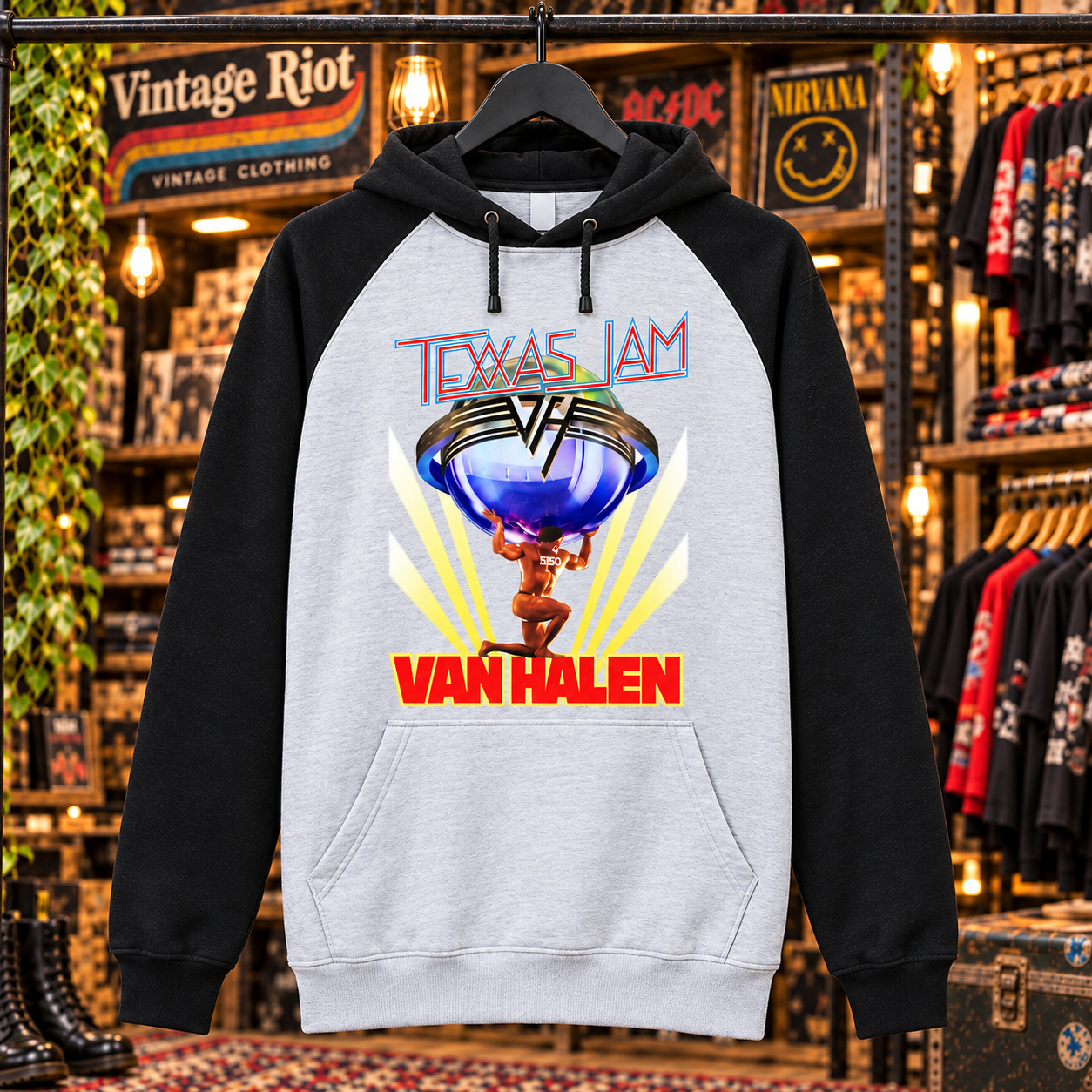 1986 Texxas Jam Retro Pullover Hoodie — Heather Gray / Black — front design view