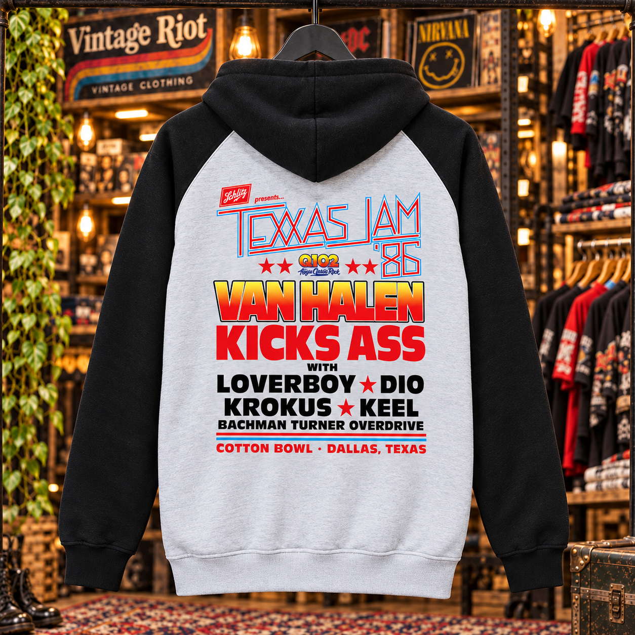 1986 Texxas Jam Retro Pullover Hoodie — Heather Gray / Black — back design view