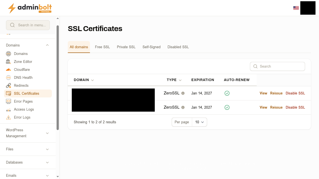 SSL certificates list