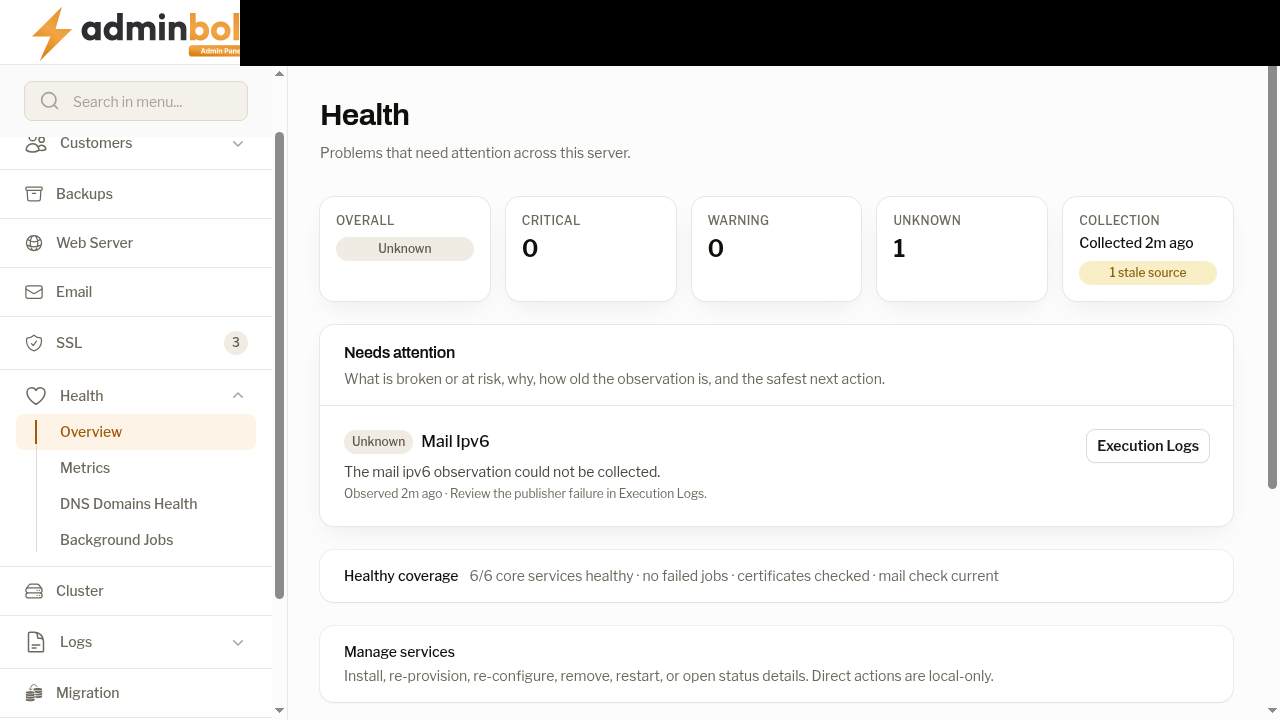 Admin health page