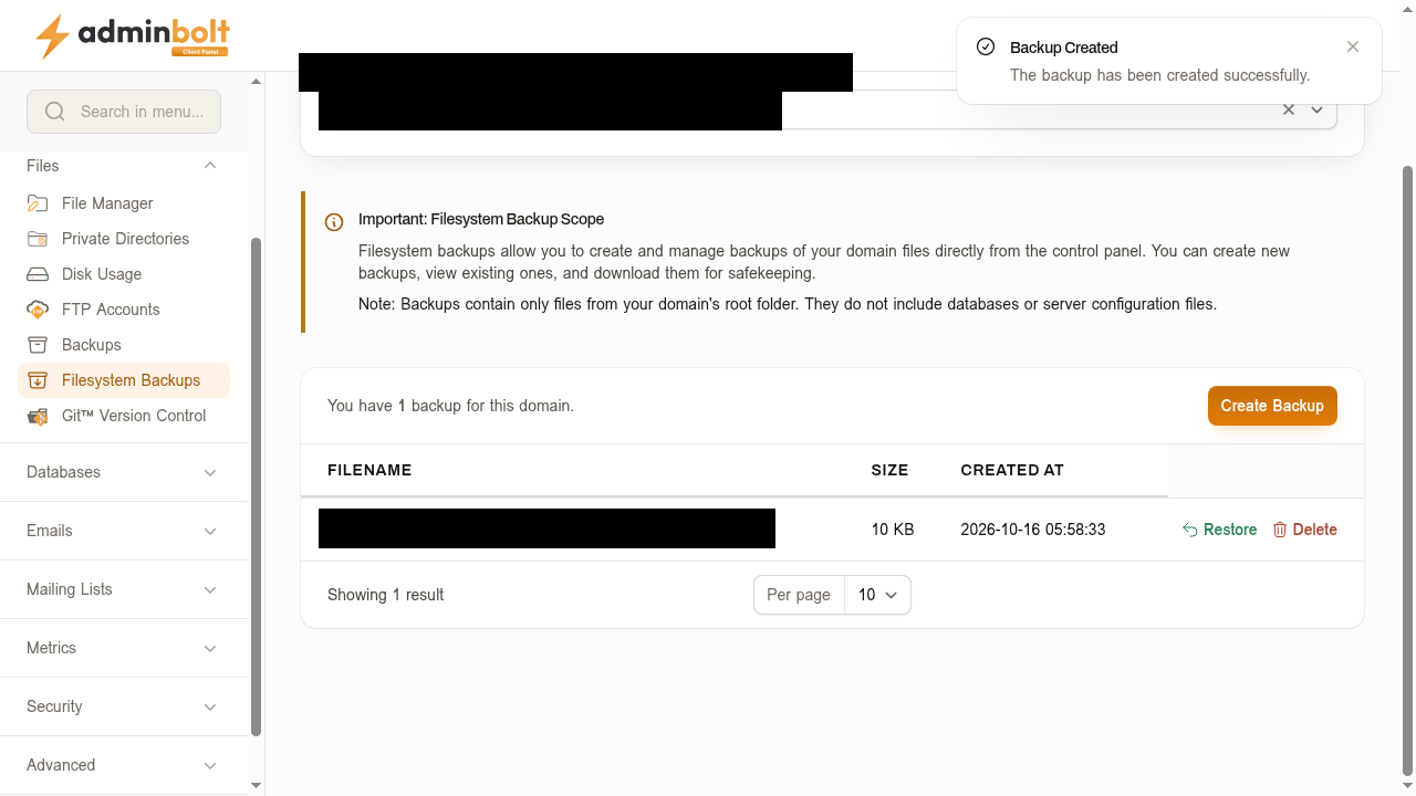 Manual filesystem backup created