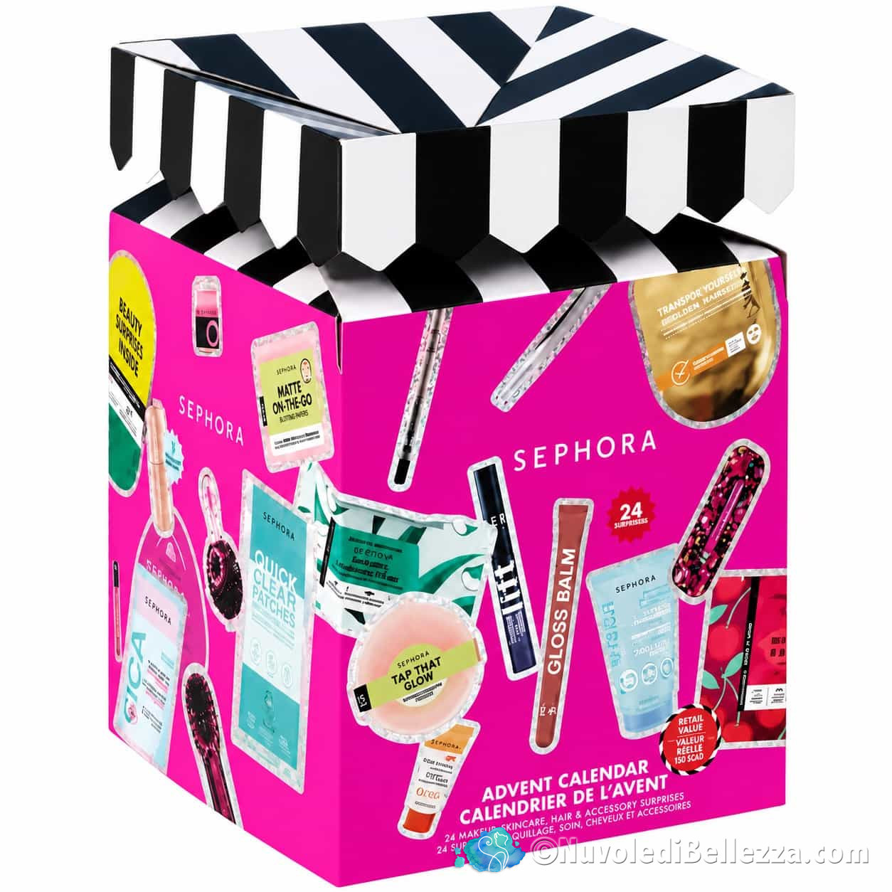 Coffret rose au couvercle rayé noir et blanc