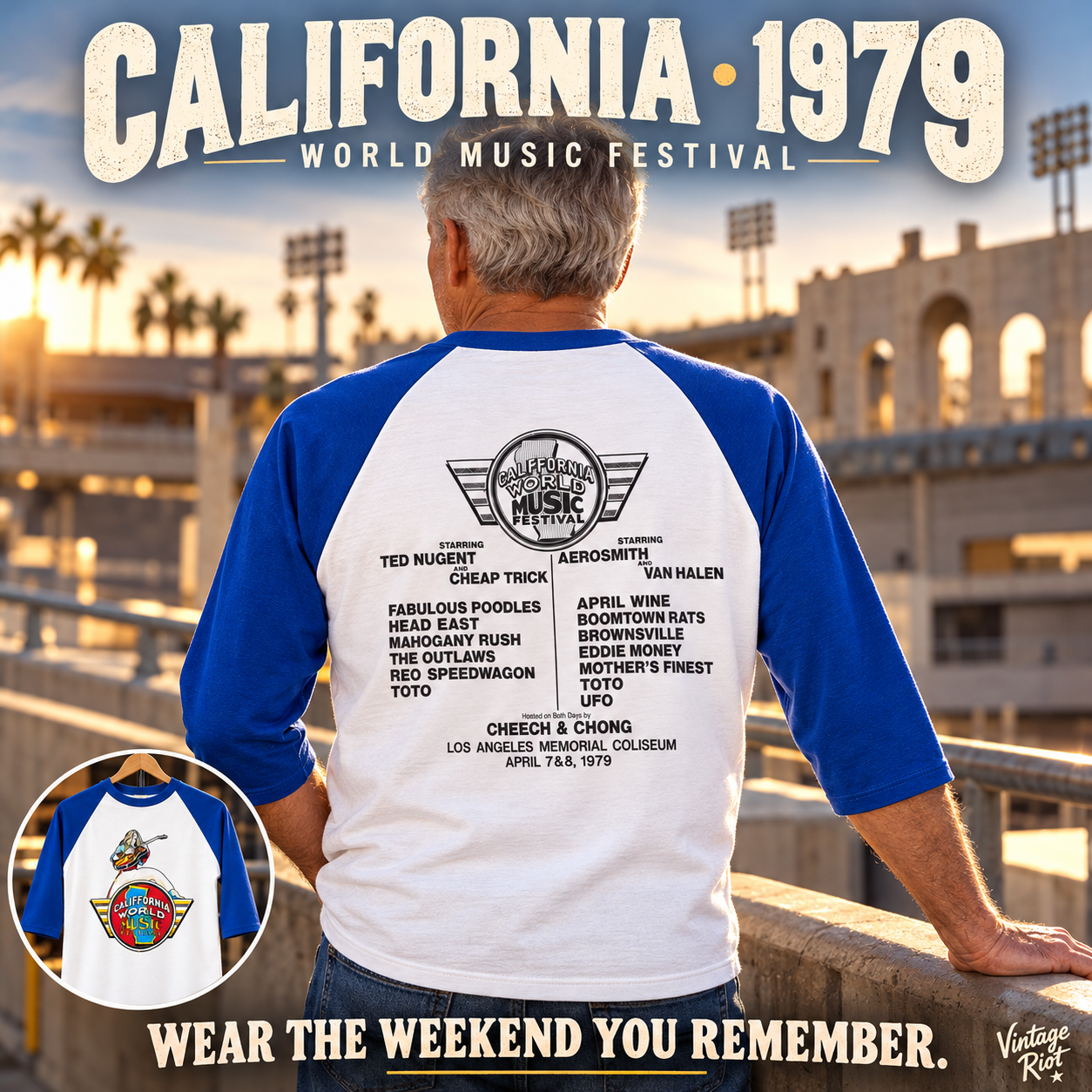 1979 California World Music Festival Retro Raglan styled illustration