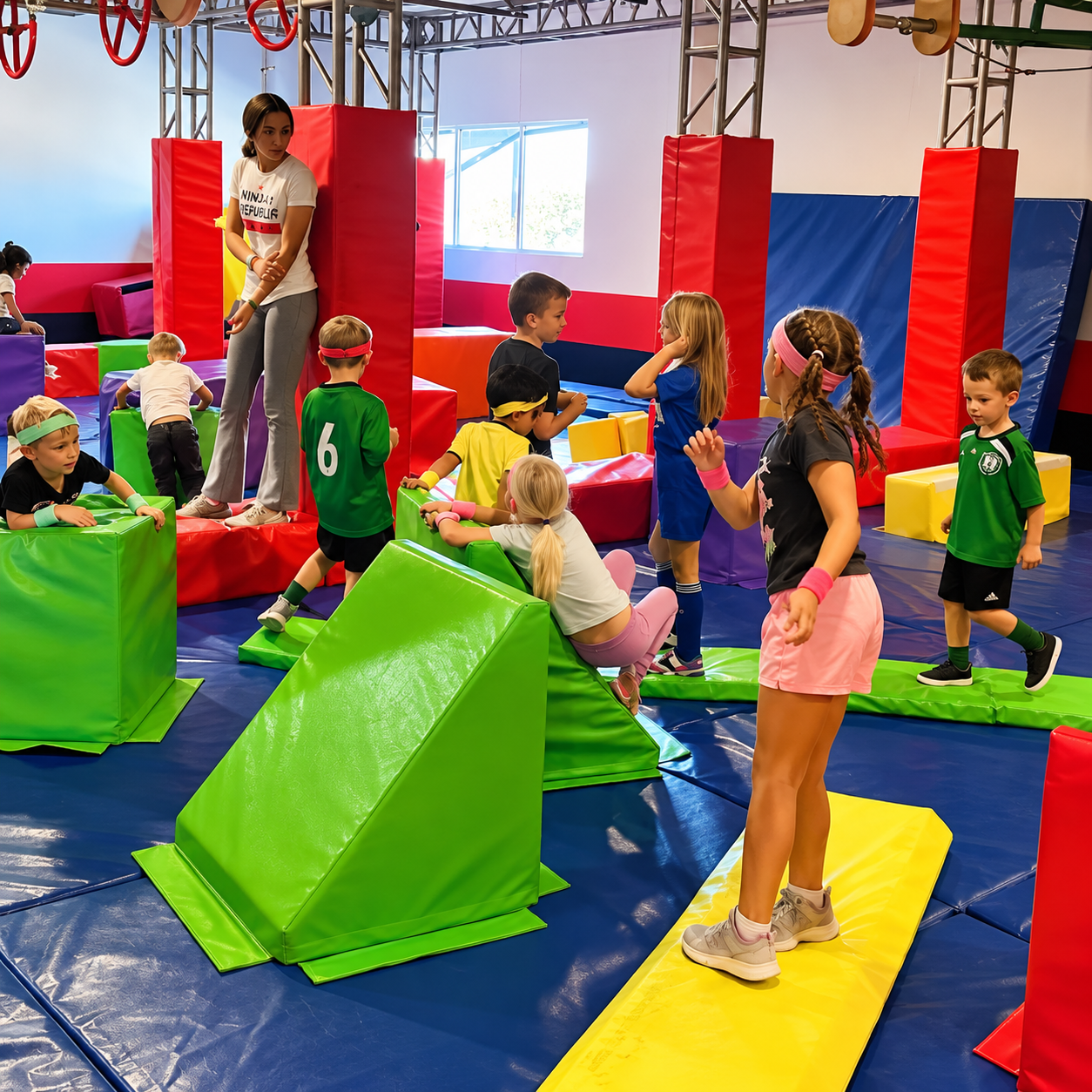 Young children exploring foam wedges and balance mats on the indoor course at Ninja Republic in San Mateo, California