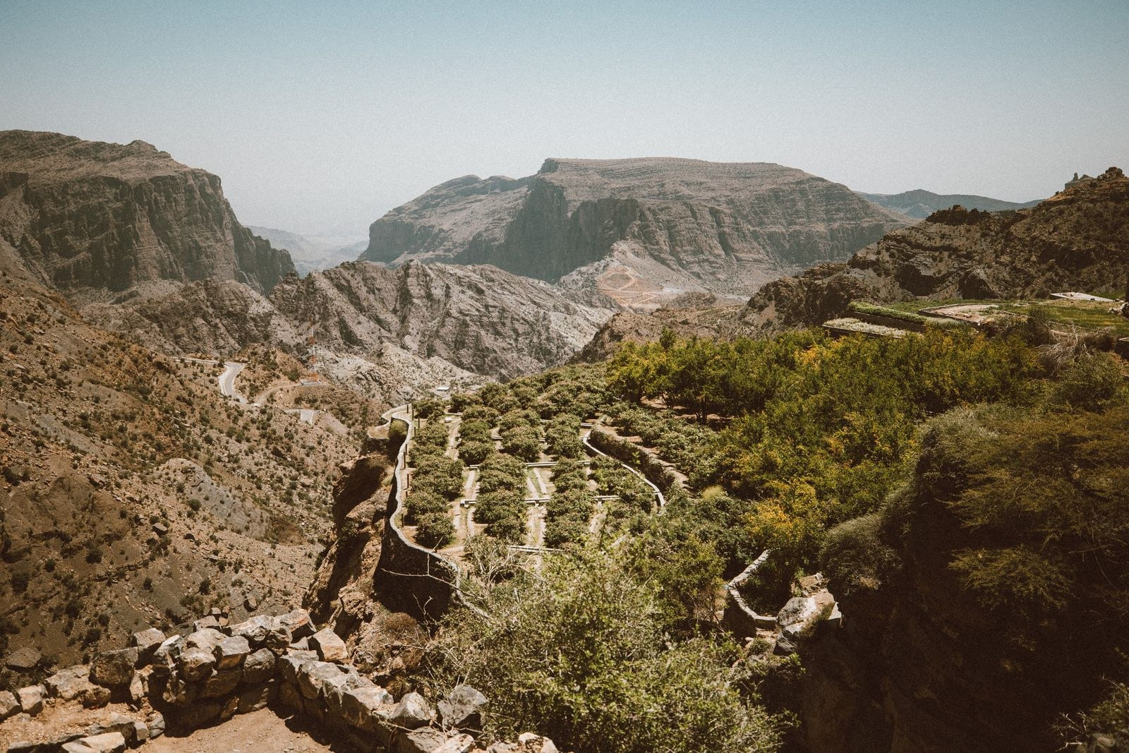 Terraced fields and rugged mountains of Jebel Akhdar in Oman