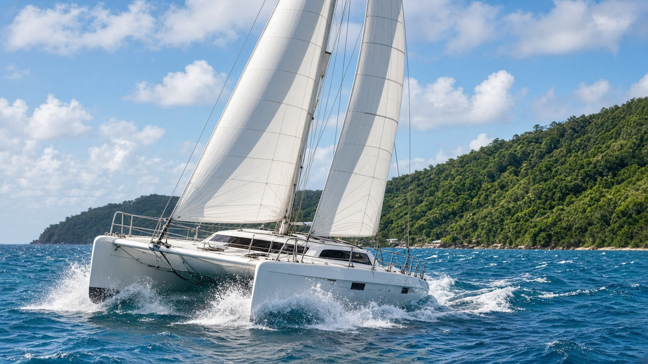 A white sailing catamaran with raised sails on calm turquoise Caribbean water