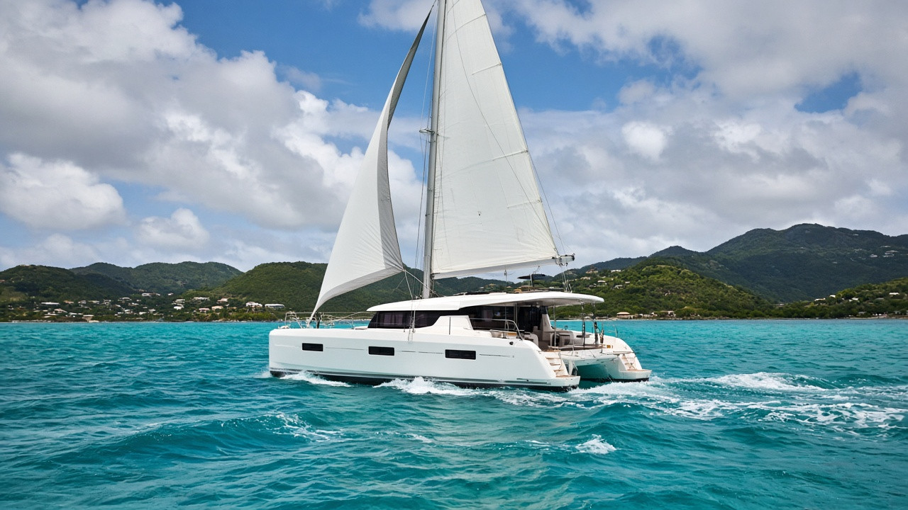A white sailing catamaran under sail on bright turquoise Caribbean water