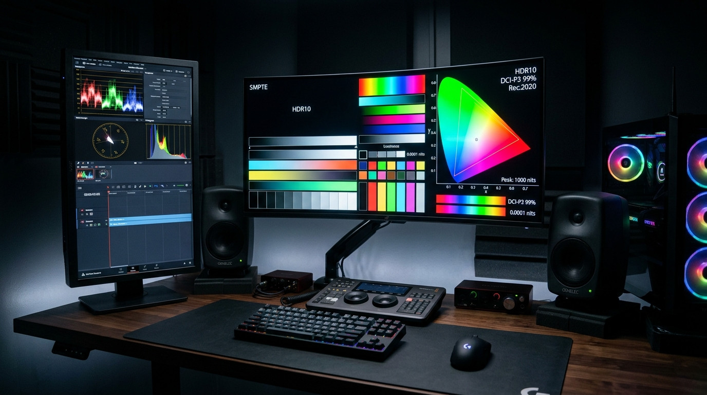 High-End Creative Workstation with QD-OLED Gaming Monitor Displaying Windows 11 HDR Calibration Test Patterns and Color Space Gamut Vectors