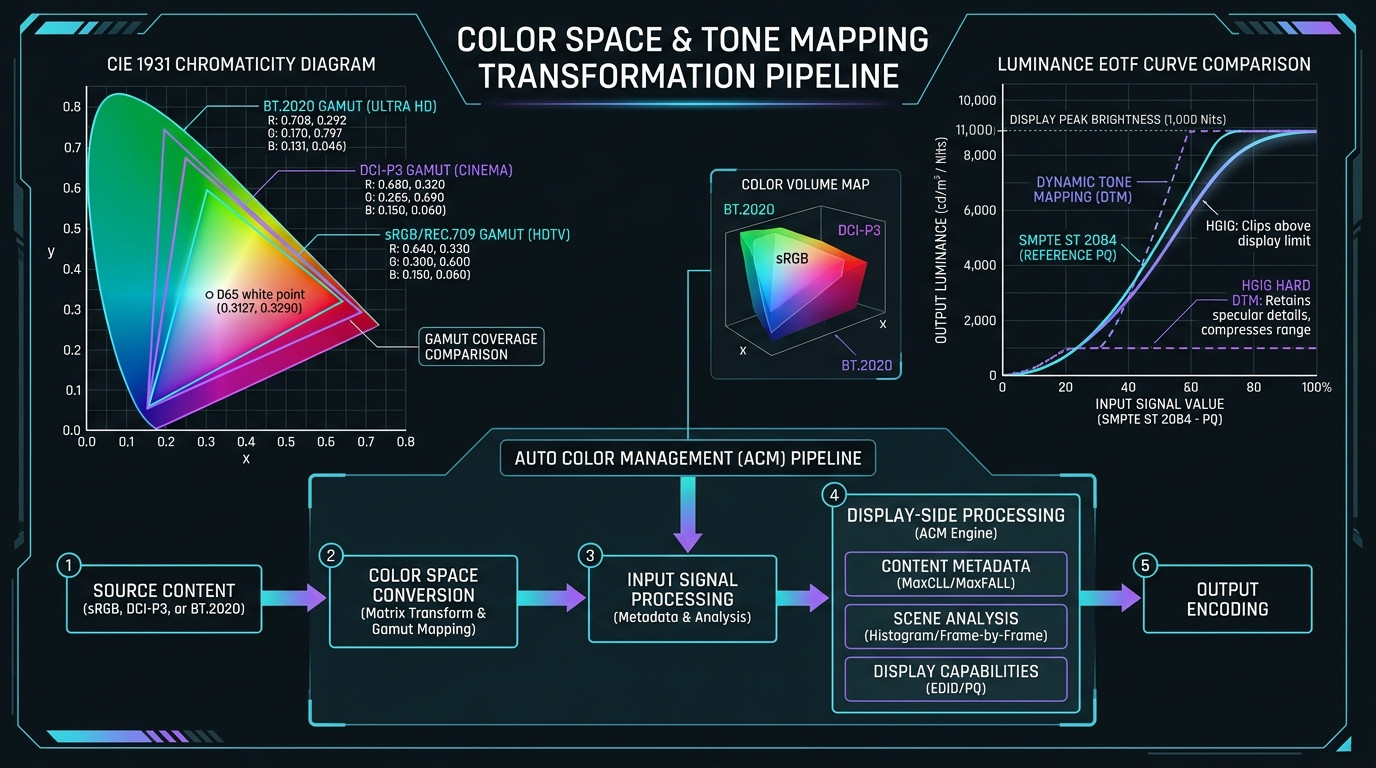 Technical Diagram Comparing sRGB vs DCI-P3 Color Gamuts, Windows 11 ACM Pipeline, and Luminance EOTF Tone Mapping Curves