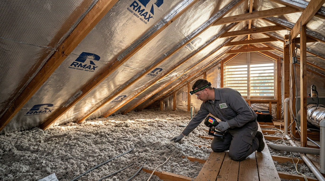 Home Energy Auditor Inspecting Newly Installed Attic Radiant Barrier and Blown-In Cellulose Insulation with a Thermal Imaging Camera