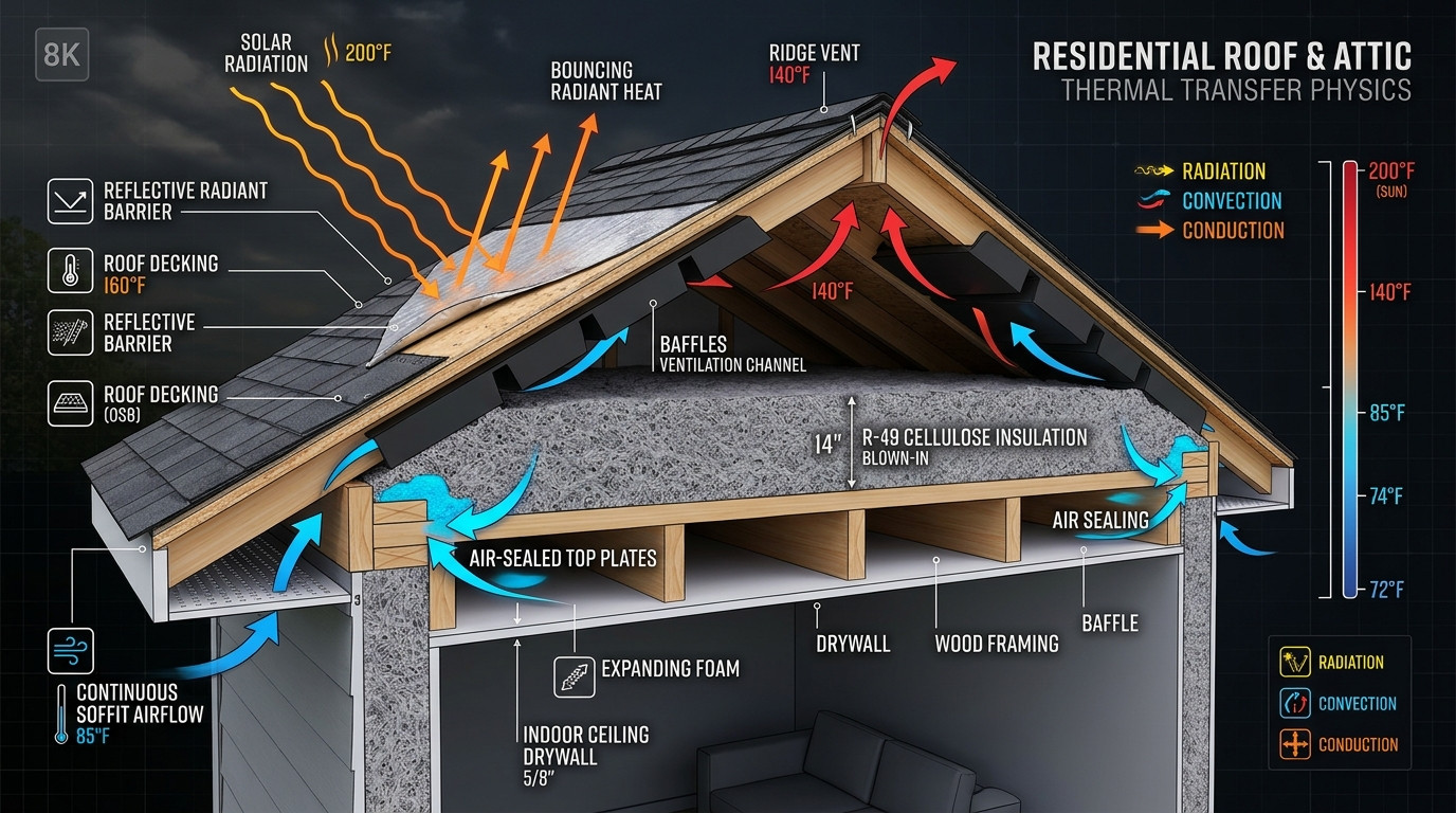Architectural Cross-Section Diagram of Residential Roof and Attic Illustrating Radiant Barrier Reflection, Continuous Soffit Airflow, and Top Plate Air Sealing
