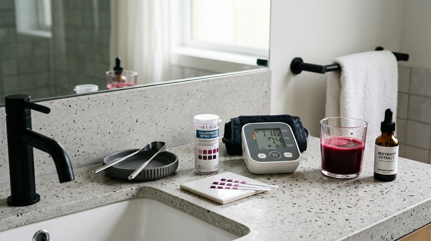 Vascular Wellness Morning Vanity Setup with Clinical Blood Pressure Monitor Showing 116 over 74 mmHg, Stainless Steel Tongue Scraper, and Nitric Oxide Test Strips