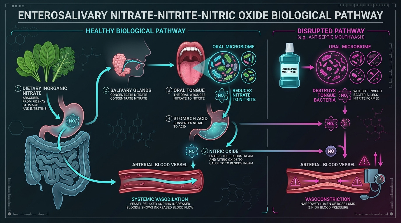 Medical Infographic of Enterosalivary Nitrate-Nitrite-Nitric Oxide Biological Pathway Comparing Healthy Vasodilation vs Mouthwash-Induced Vasoconstriction
