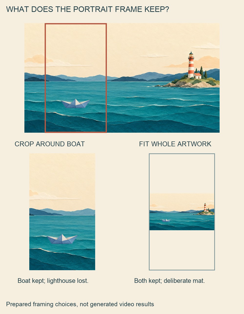 A portrait crop keeps the paper boat but loses the lighthouse, while fitting the complete wide artwork on a portrait canvas preserves both.