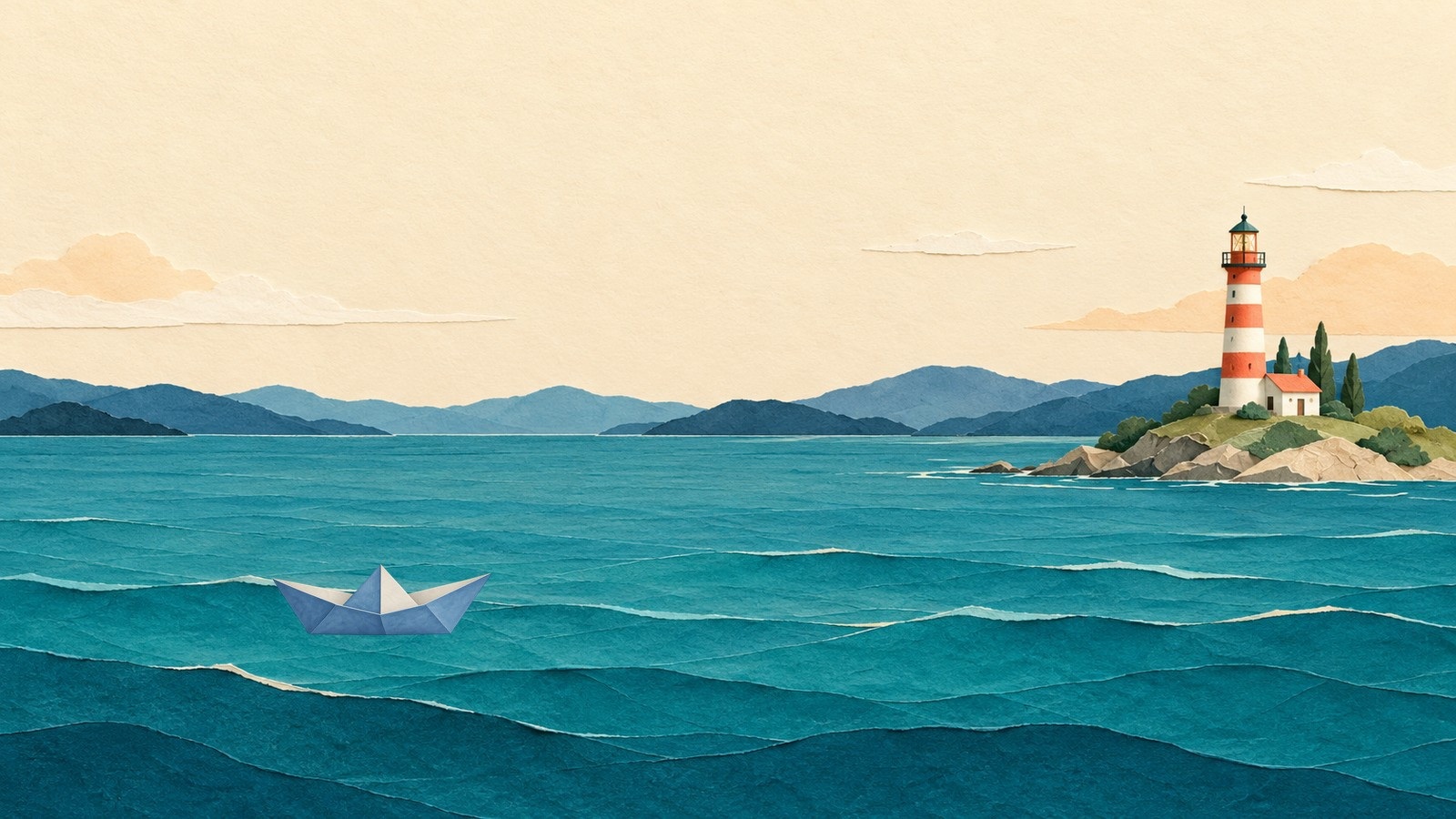 A blue paper boat at the left of a fictional teal harbor faces a coral lighthouse on the right.
