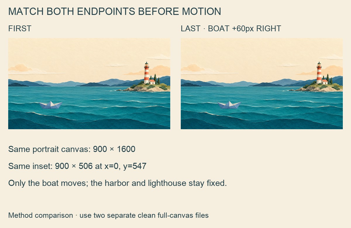 Matching start and end planning views show the same boat shifting a little right while the lighthouse and harbor remain fixed, with identical portrait fitting.