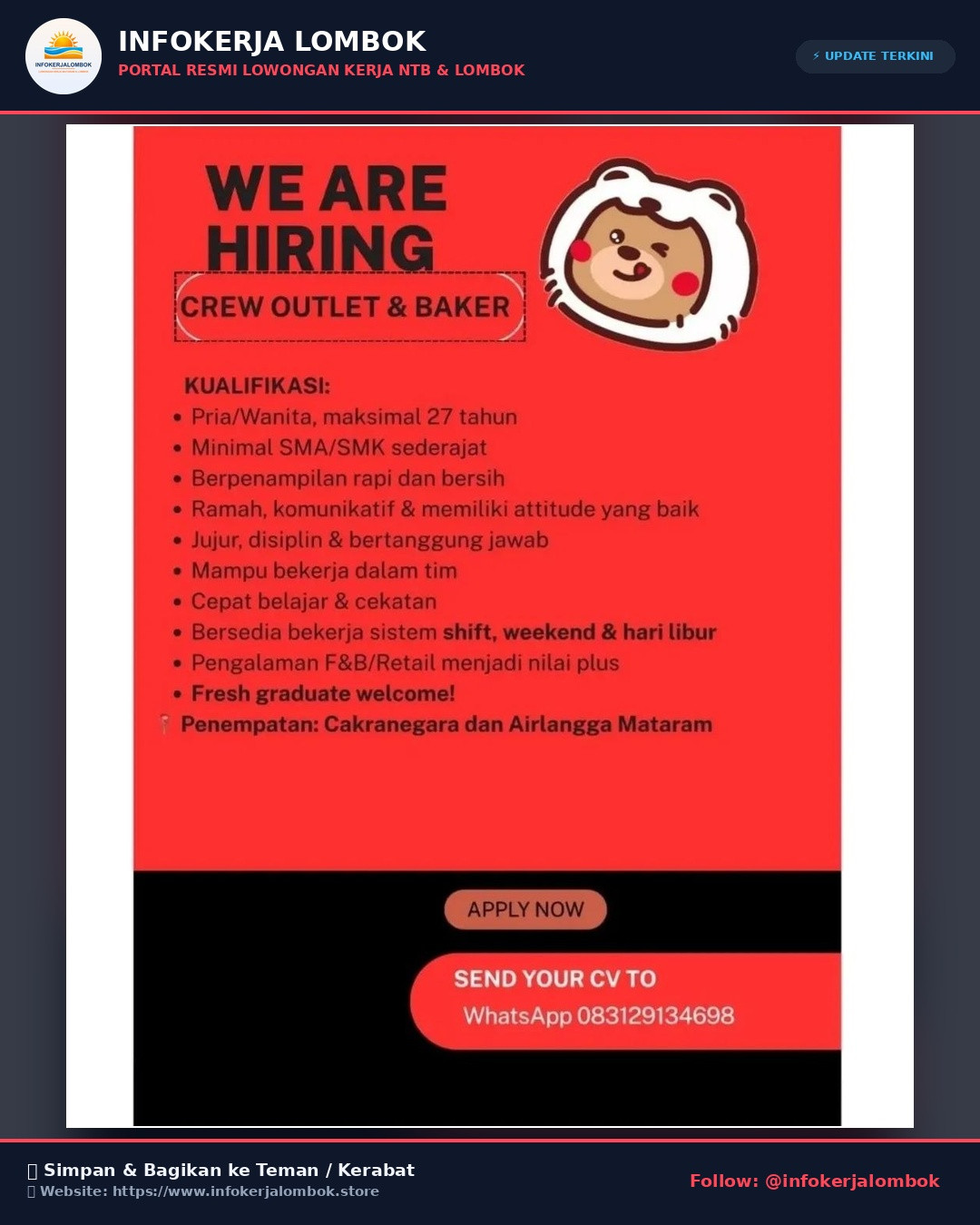 Lowongan Kerja ✨ Kesempatan berkarir di NTB, yuk intip posisinya!