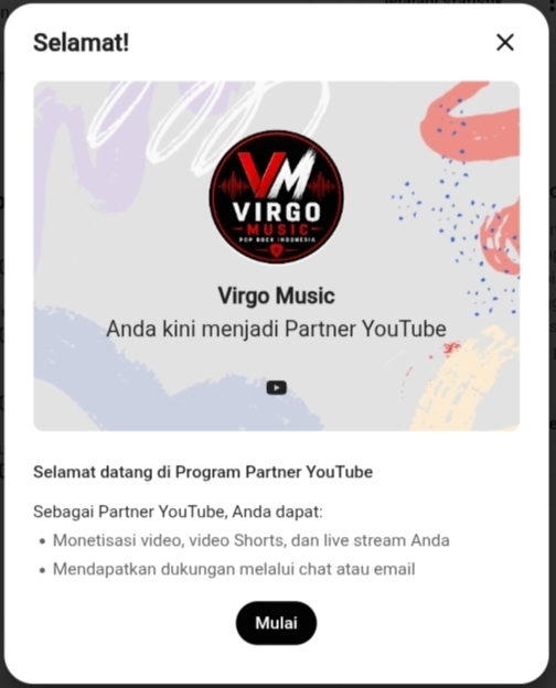 Notifikasi YouTube Partner Program - Akun berhasil dimonetisasi
