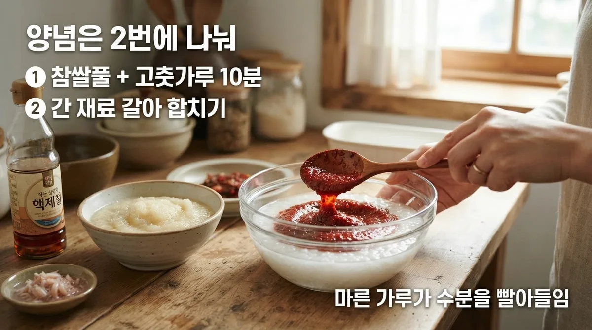 양념 만들기와 버무리는 순서 — 고춧가루는 먼저 불립니다