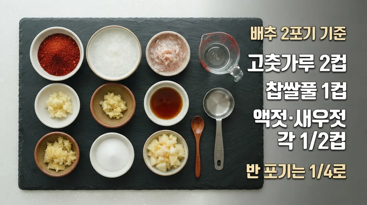 겉절이 양념 비율 — 배추 2포기 기준과 반 포기 환산표
