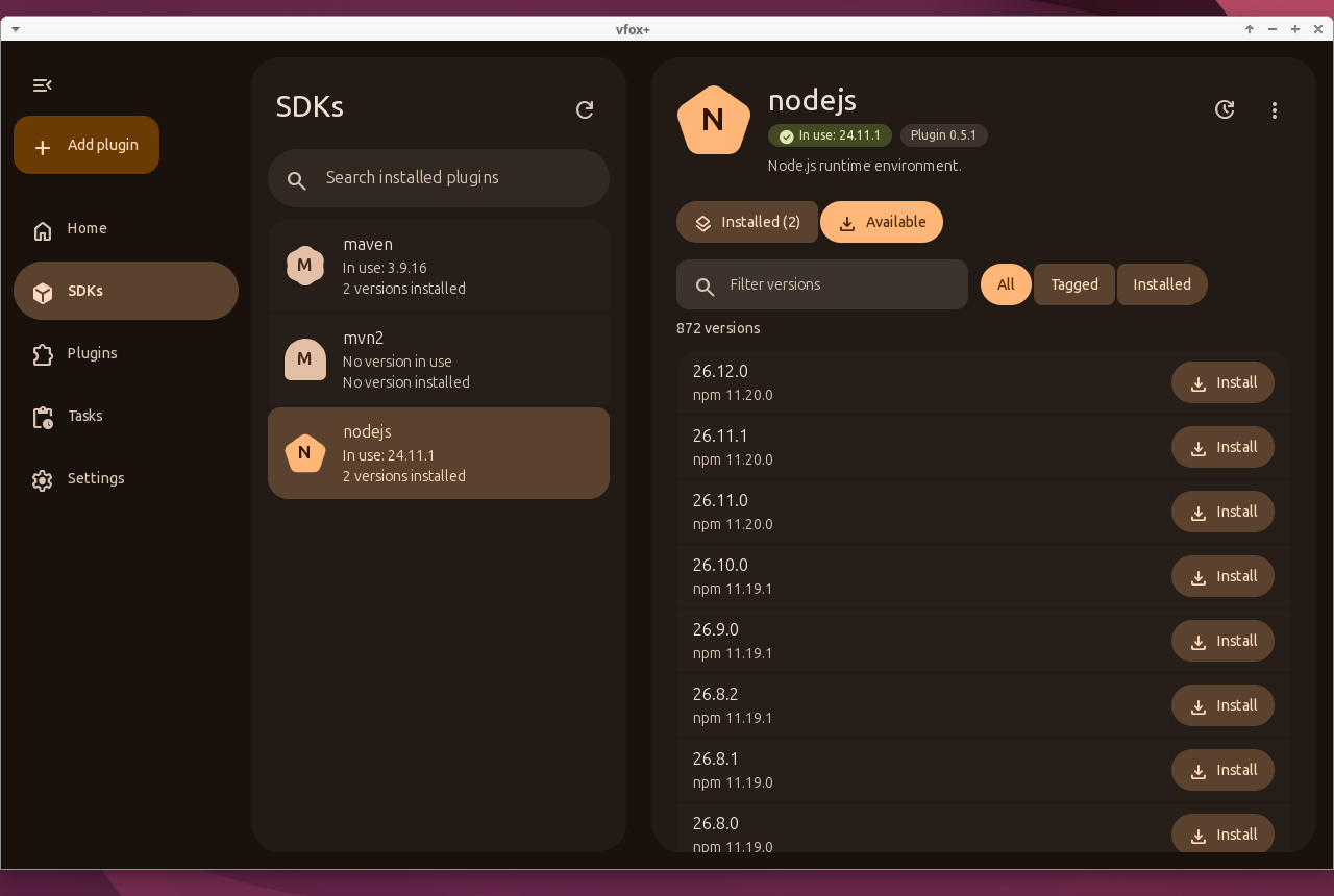 Available versions of nodejs, dark theme