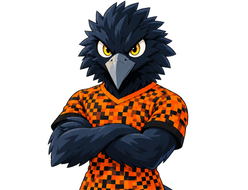 Cuervo mascota con uniforme naranja.png