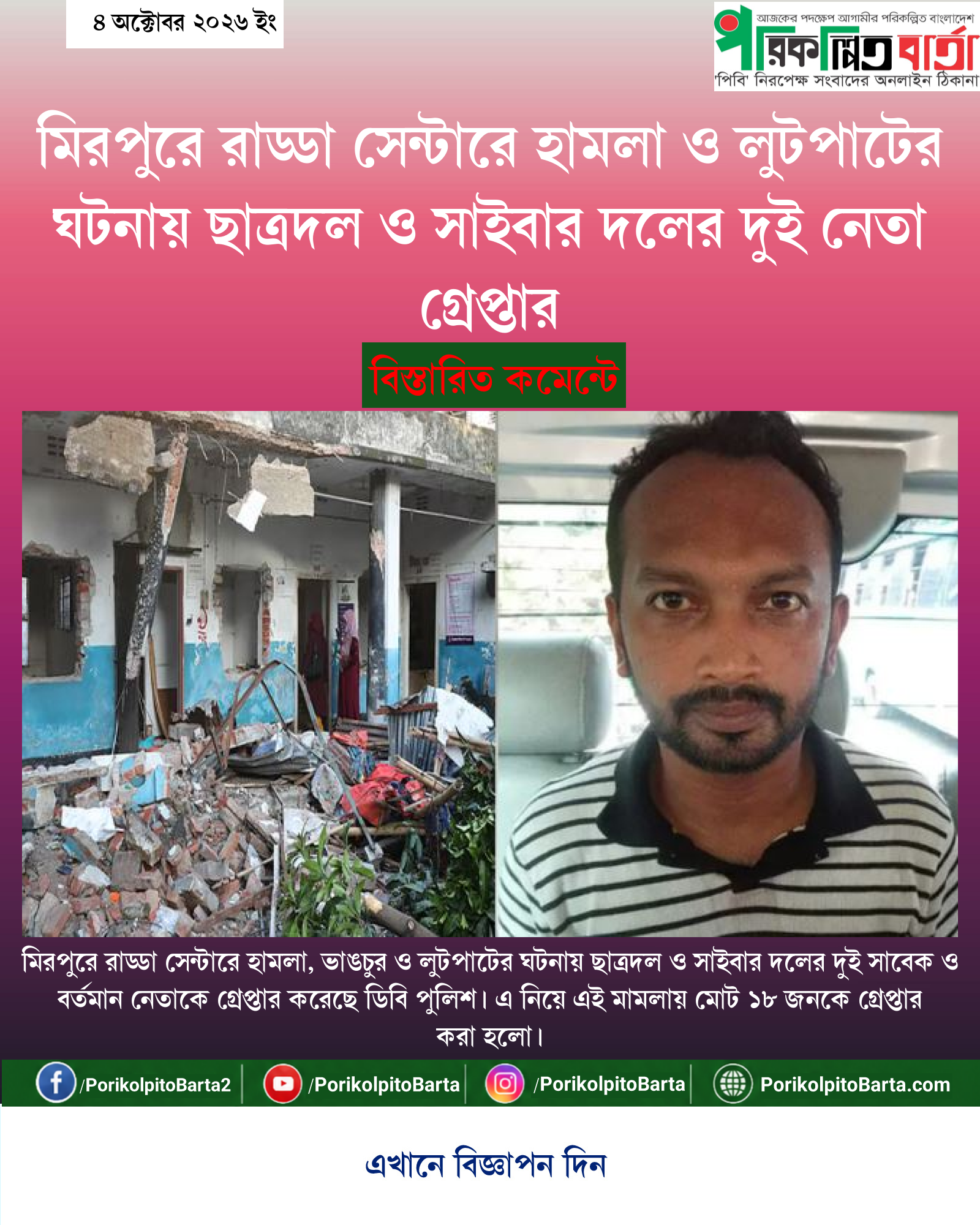 মিরপুরে রাড্ডা সেন্টারে হামলা ও লুটপাটের ঘটনায় ছাত্রদল ও সাইবার দলের দুই নেতা গ্রেপ্তার