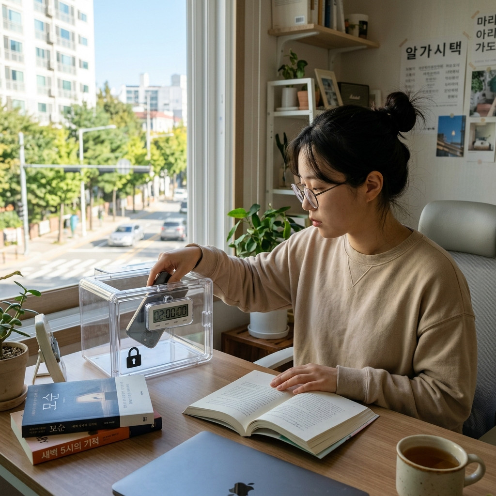 침대와 떨어진 책상 위에 놓여 있는 흑백 모드로 설정된 스마트폰