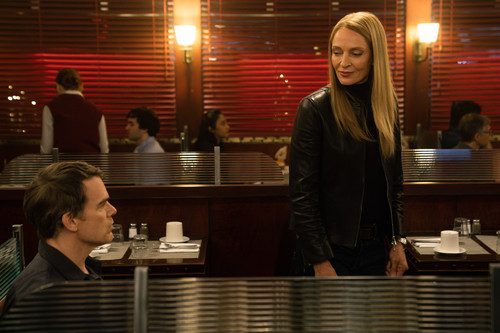 L-R: Michael C. Hall as Dexter Morgan and Uma Thurman as Charley in Dexter: Resurrection, season 2, 