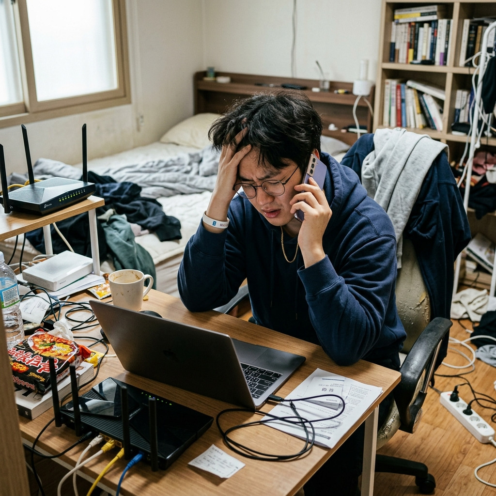 가족 통신 결합 할인과 인터넷 위약금을 계산하며 한숨 쉬는 한국 여성