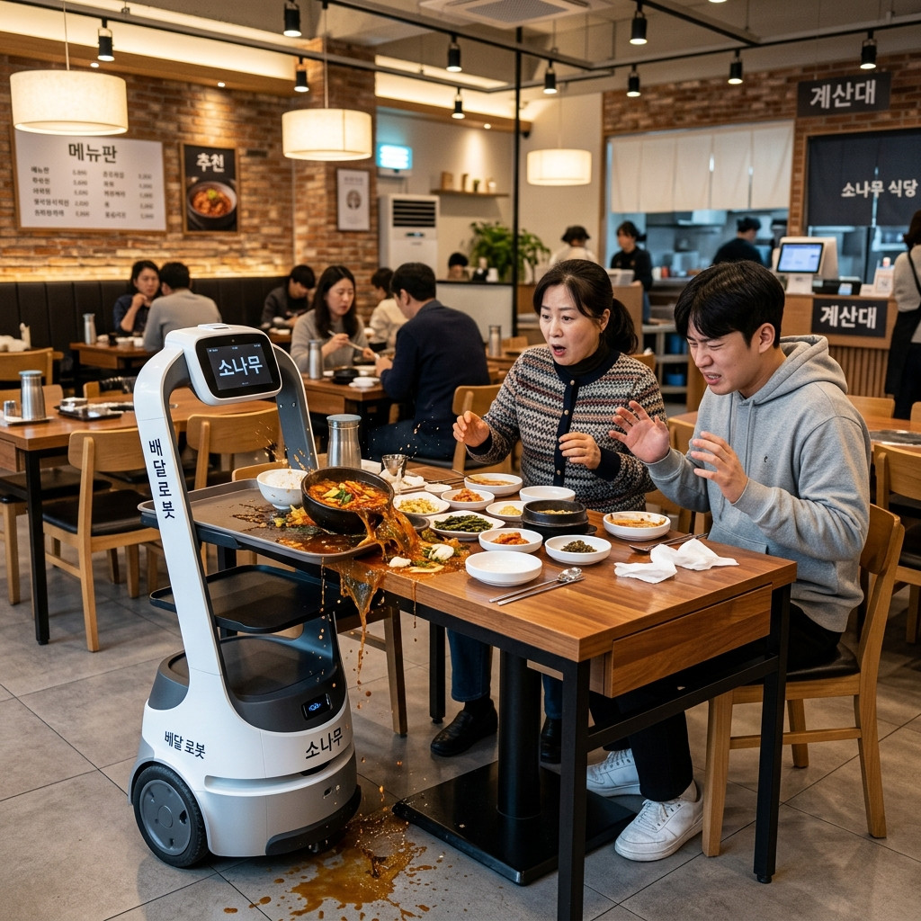 서빙로봇에서 직접 뜨거운 뚝배기 그릇을 내리며 불안해하는 한국인 손님들