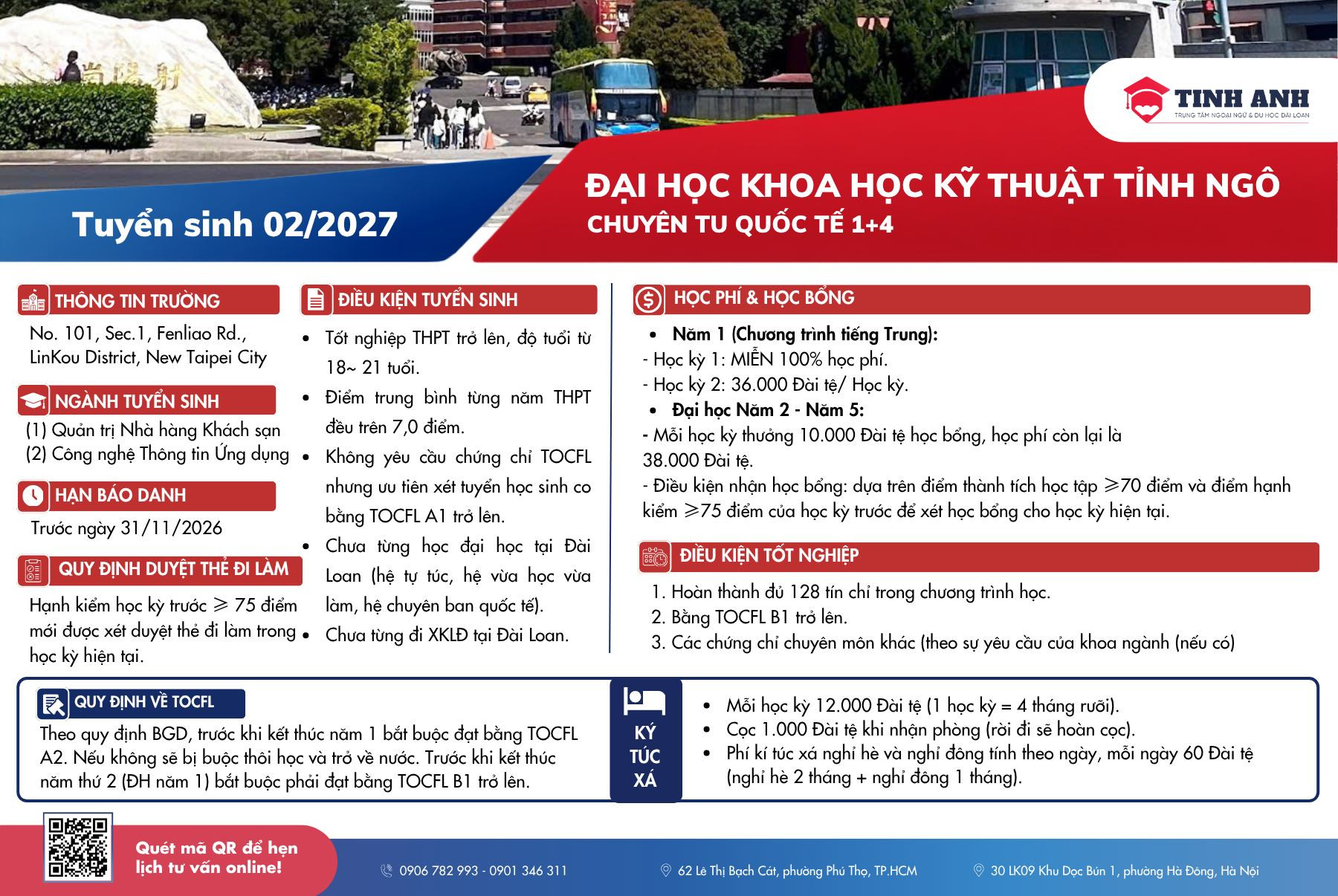 Thông báo tuyển sinh Đại học Khoa học Kỹ thuật Tỉnh Ngô kỳ tháng 02/2027 hệ 1+4