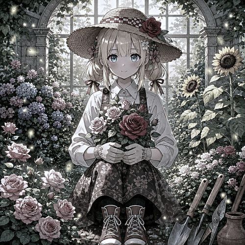 Eine feine Strichzeichnung in gedämpften Tönen mit Selektivfarben: Ein blondes Mädchen mit breitkrempigem Strohhut und gestreiftem Latzkleid hält einen Rosenstrauß, umgeben von Hortensien, Sonnenblumen und flatternden Schmetterlingen unter dem sonnenbeschienenen Gewächshausfenster.