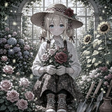 Anime-Mädchen mit Strohhut und Rosenstrauß im Schmetterling-gewirrten Gewächshaus.