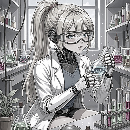 Cyborg Wissenschaftlerin prüft leuchtenden Kolben im monochromen Labor..jpg