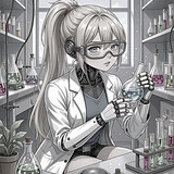 Cyborg Wissenschaftlerin prüft leuchtenden Kolben im monochromen Labor.