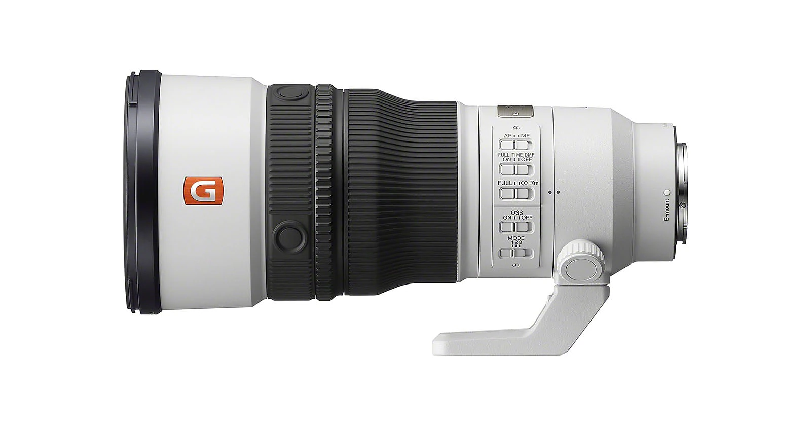 A white telephoto camera lens with a black focus ring, a tripod mount, and various control switches on the side, viewed from the side against a white background.
