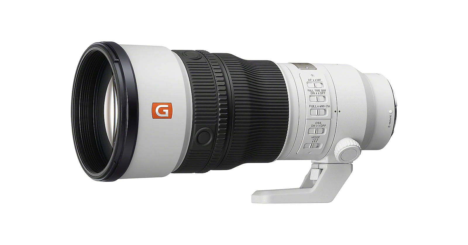 A white Sony G Master telephoto lens with a black focus ring and a tripod mount, shown against a white background.