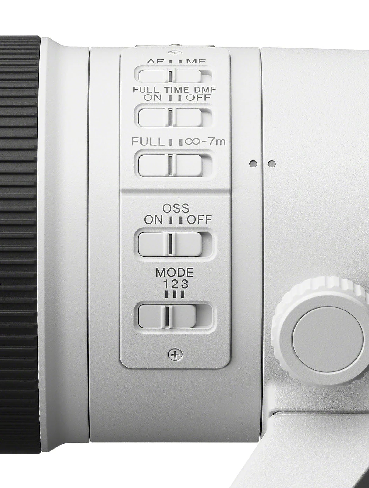 A close-up view of the side of a white camera lens featuring five control switches labeled AF/MF, FULL TIME DMF, focus range, OSS, and stabilization mode.