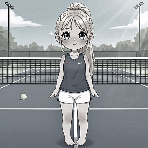 Eine reizende Chibi-Illustration eines sommersprossigen Mädchens mit langem blondem Pferdeschwanz und funkelnden blauen Augen, barfuß in Sporttop und weißen Shorts auf einem Tennisplatz stehend – mit Netz, Flutlicht, Tennisball und sanften grauen Wolken im Hintergrund.