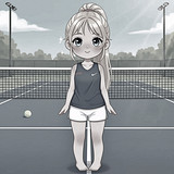 Chibi Tennismädchen mit blondem Pferdeschwanz lächelt auf grau getöntem Platz.