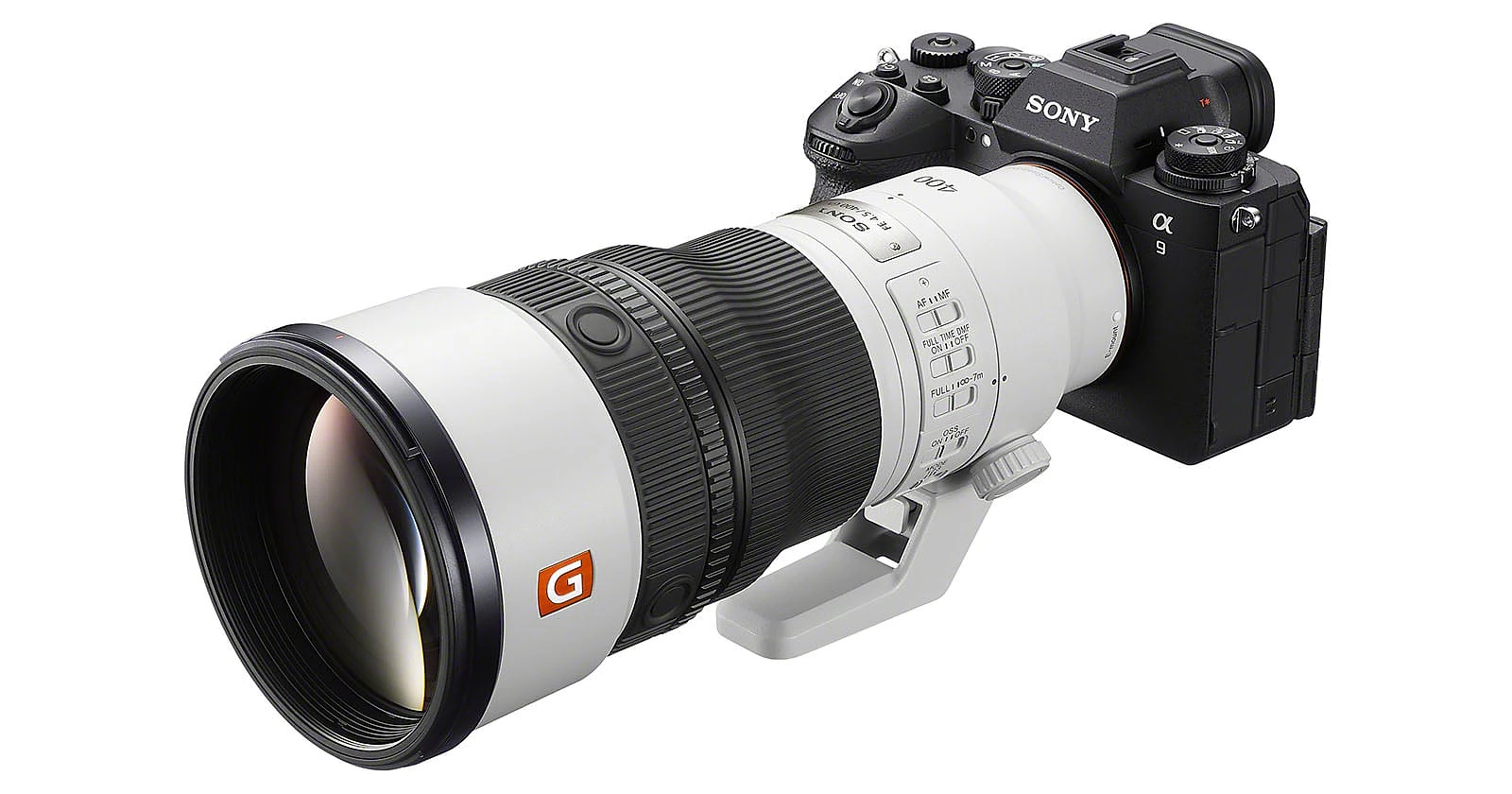 A Sony Alpha 9 mirrorless camera attached to a large white Sony G Master telephoto lens, shown against a white background.