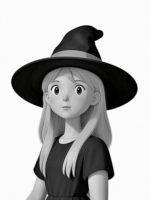 Junge Anime-Hexe mit blondem Haar und klassischem Spitzhut vor weißem Hintergrund..jpg