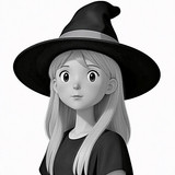 Junge Anime-Hexe mit blondem Haar und klassischem Spitzhut vor weißem Hintergrund.