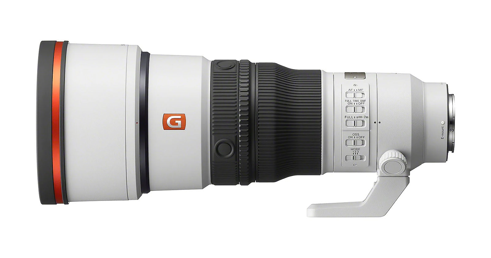 A white telephoto camera lens with a black focus ring, an orange ring near the front element, and a series of control switches on the side.